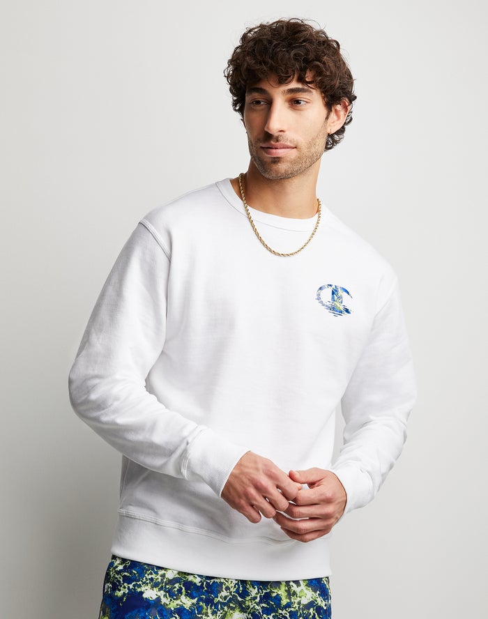 Sudadera Champion Hombre - Powerblend Fleece Crew Chasing Waves ( Blancas ) 4316798-WU